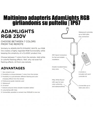 Maitinimo adapteris AdamLights RGB girliandoms su pulteliu | IP67