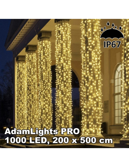 Profesionali AdamLights lauko girlianda šviesos užuolaida | IP67, 600 LED, 200x500 cm